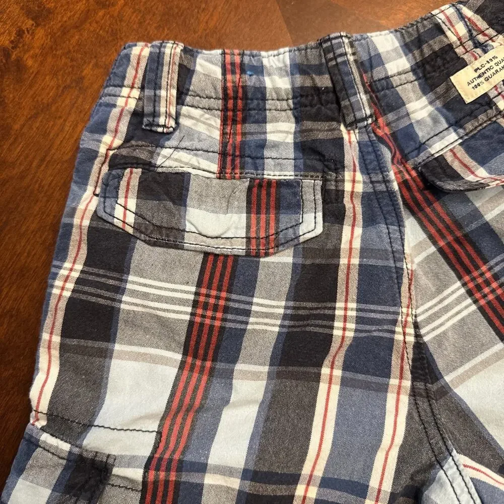 Children's Place‎ Boys 100% Cotton Cargo Shirt Blue Gray Red Plaid Size 6 EUC